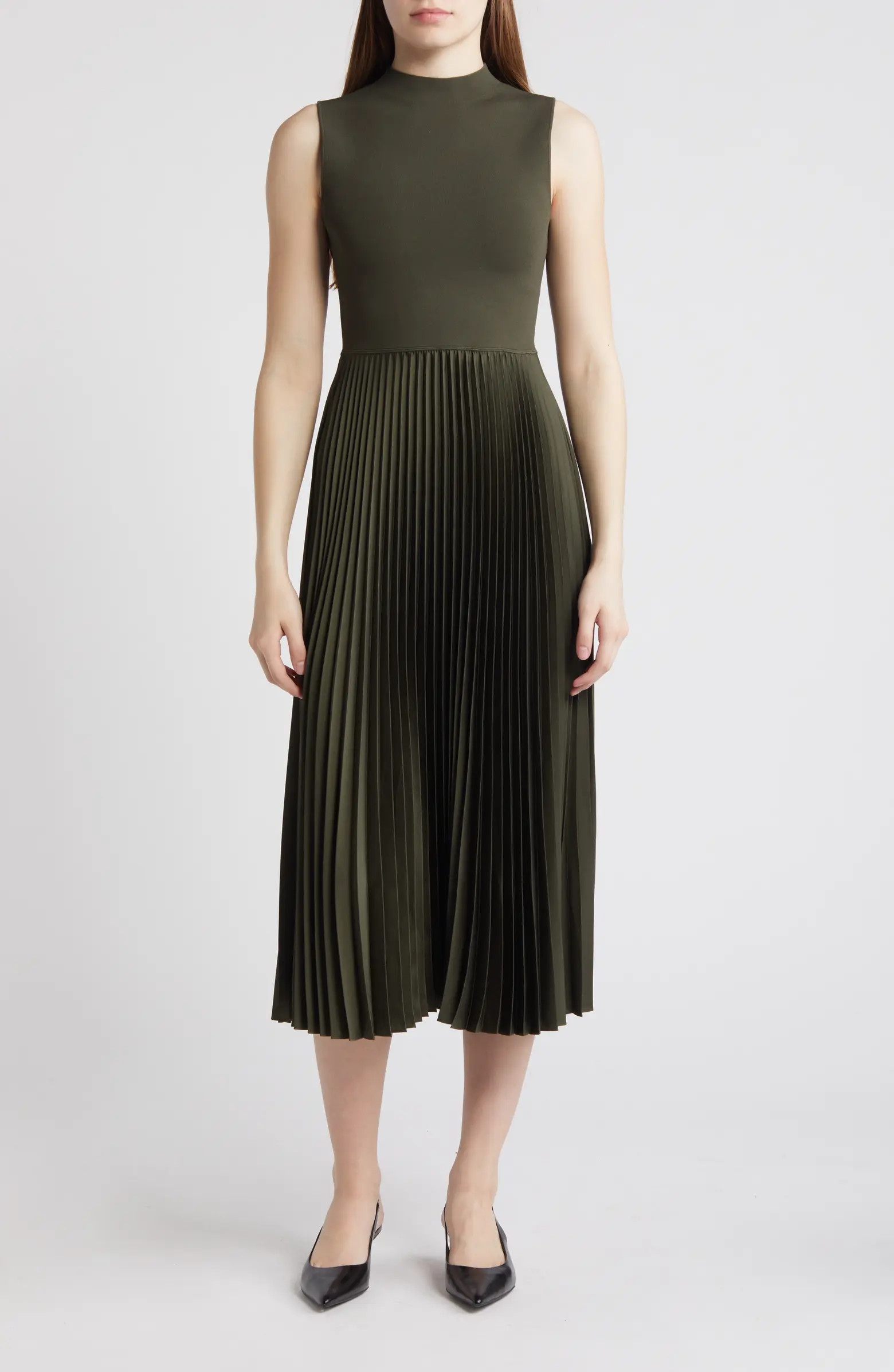Pleated Sleeveless Mock Neck Midi Dress | Nordstrom