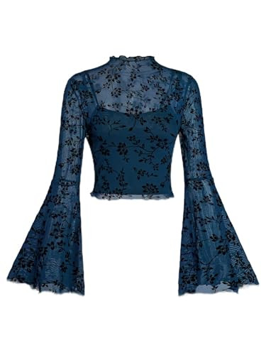 Verdusa Women's Gothic Clothes Mesh Bell Sleeve Crop Tops Concert Outfits | Amazon (US)