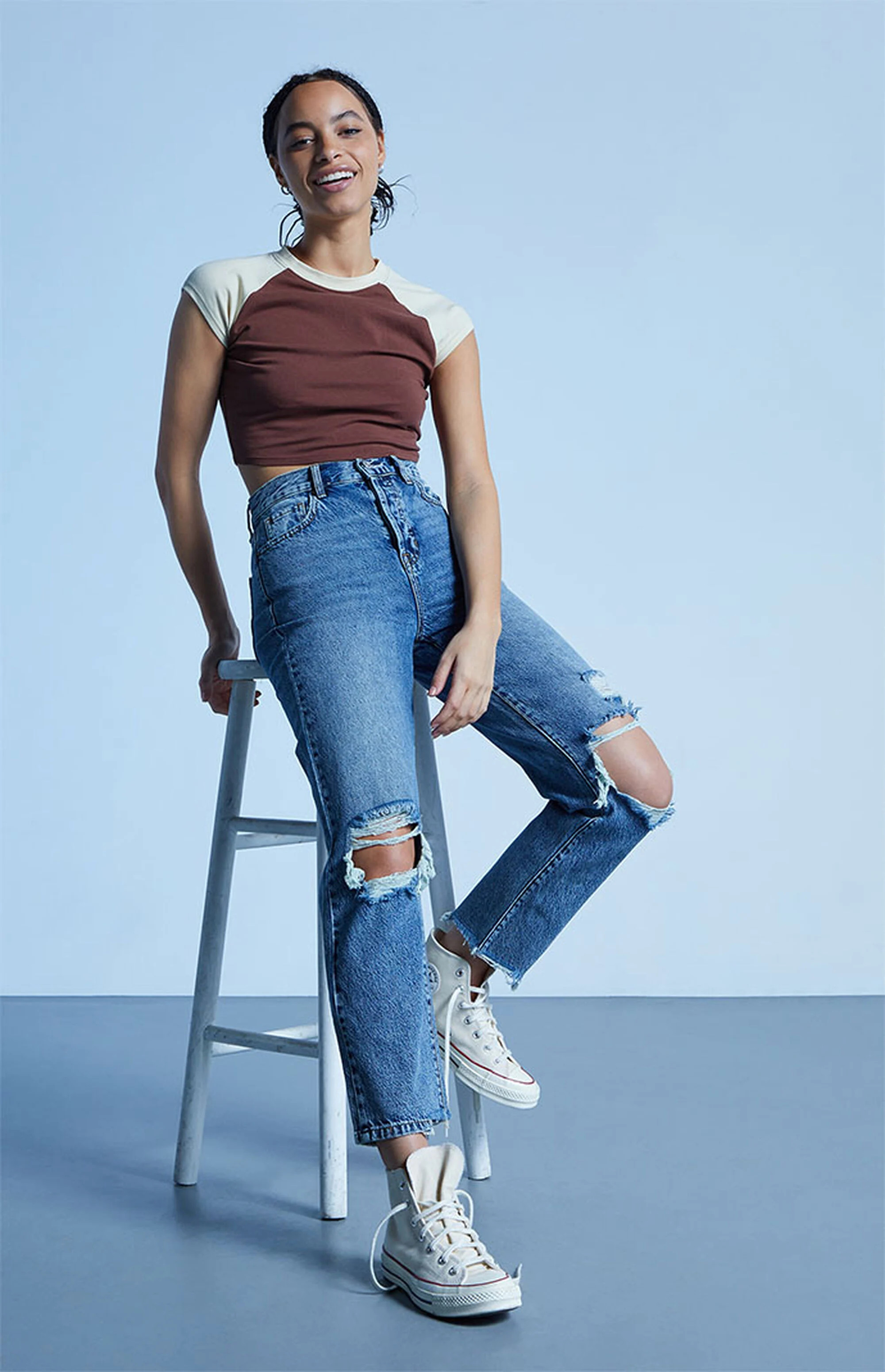 PacSun Eco Medium Blue Distressed High Waisted Straight Leg Jeans | PacSun