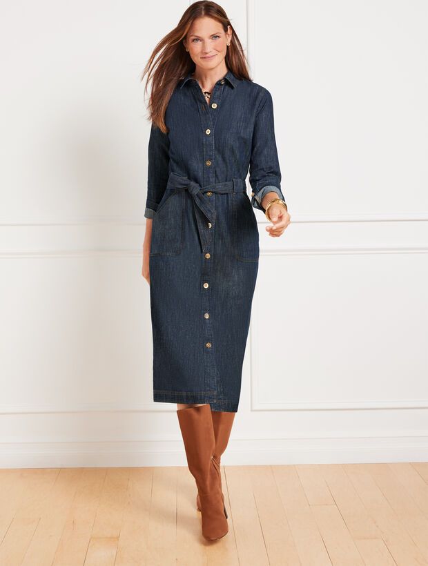 Denim Tie Waist Midi Shirtdress - Midnight Wash | Talbots