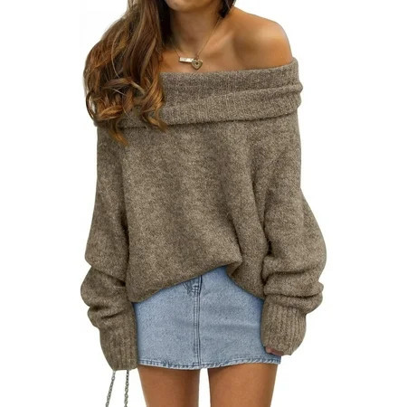 Womens Off The Shoulder Sweater Oversized Batwing Sleeve Loose Pullover Sweaters Tops | Walmart (US)