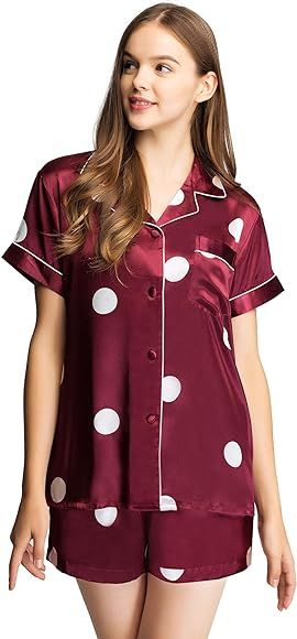 LONXU Womens Silk Satin Pajamas Set Two-piece Button-Down Pj Sets Sleepwear Loungewear XS~3XL | Amazon (US)