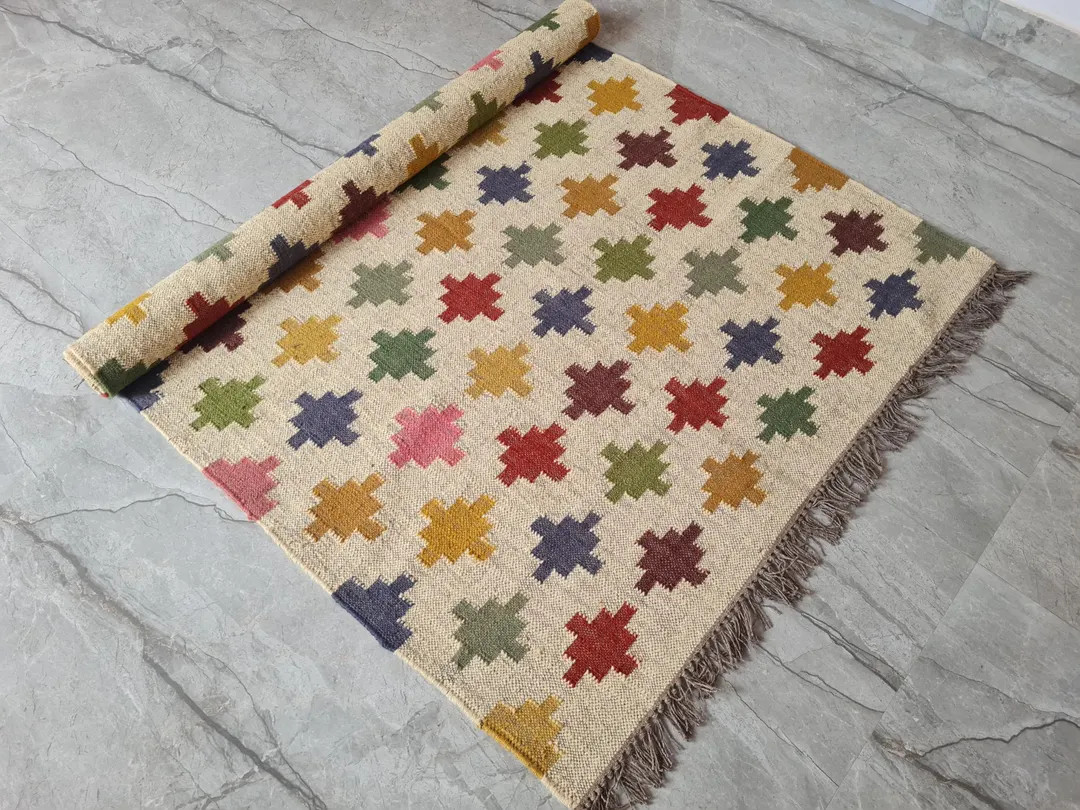 Handwoven Wool Jute Kilim Rug – Bohemian Geometric Area Rug, Tribal Vintage Carpet, Handmade Fl... | Etsy (US)