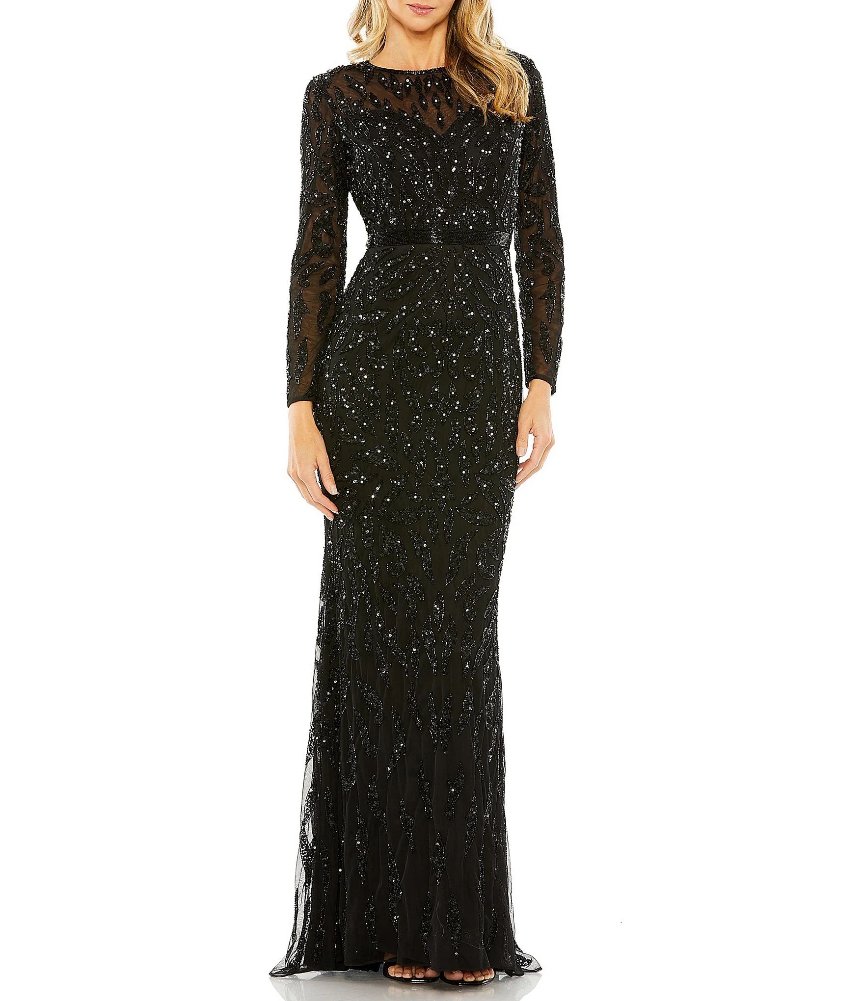 Long Sleeve Sequin Crew Neck Fully Lined Sheath Gown | Dillard's