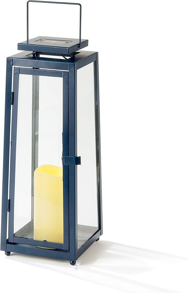 Blue Outdoor Candle Lantern - 15 Inch Tall, Solar Powered, Navy Metal with Glass, Waterproof Flam... | Amazon (US)