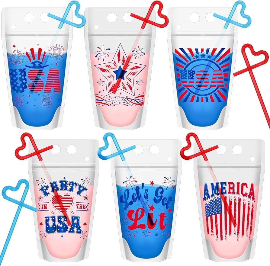 24 Sets 4th of July Drink Pouches with Straws Patriotic Drink Bags Zipper Party Beverage Reusable... | Amazon (US)