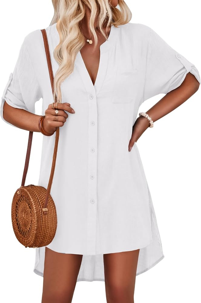 AI'MAGE Women's Swimsuit Cover Ups Shirt V-Neck Button Down Bathing Suit Coverups Beach Tunic Top... | Amazon (US)