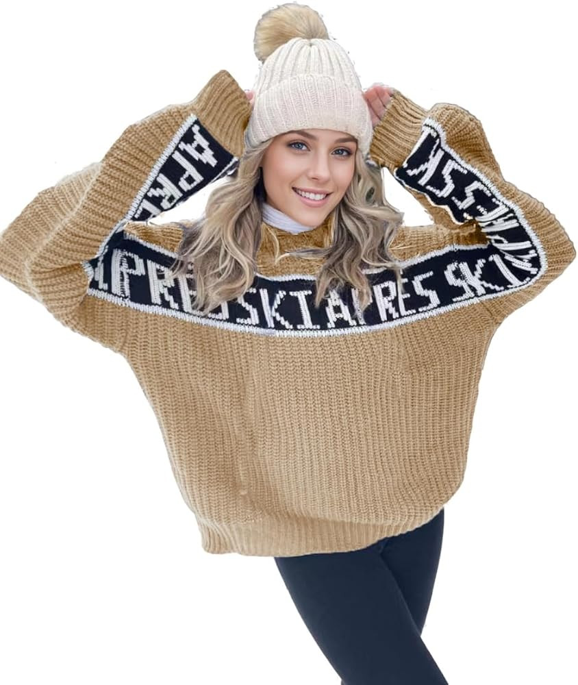 Women Sweaters Walf Checks Chunky Apres Ski Sweater Stripe Sleeve Colorblock Casual Print Knitted... | Amazon (US)