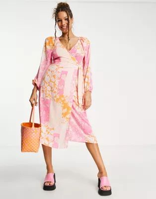 ASOS DESIGN wrap belted midi dress in pink patchwork print | ASOS (Global)