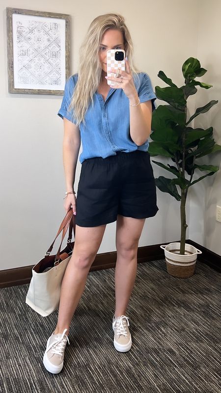 Small chambray button down. Medium linen pull on shorts. Workwear tote. True size in canvas sneakers  

#LTKSeasonal #LTKFindsUnder50 #LTKStyleTip
