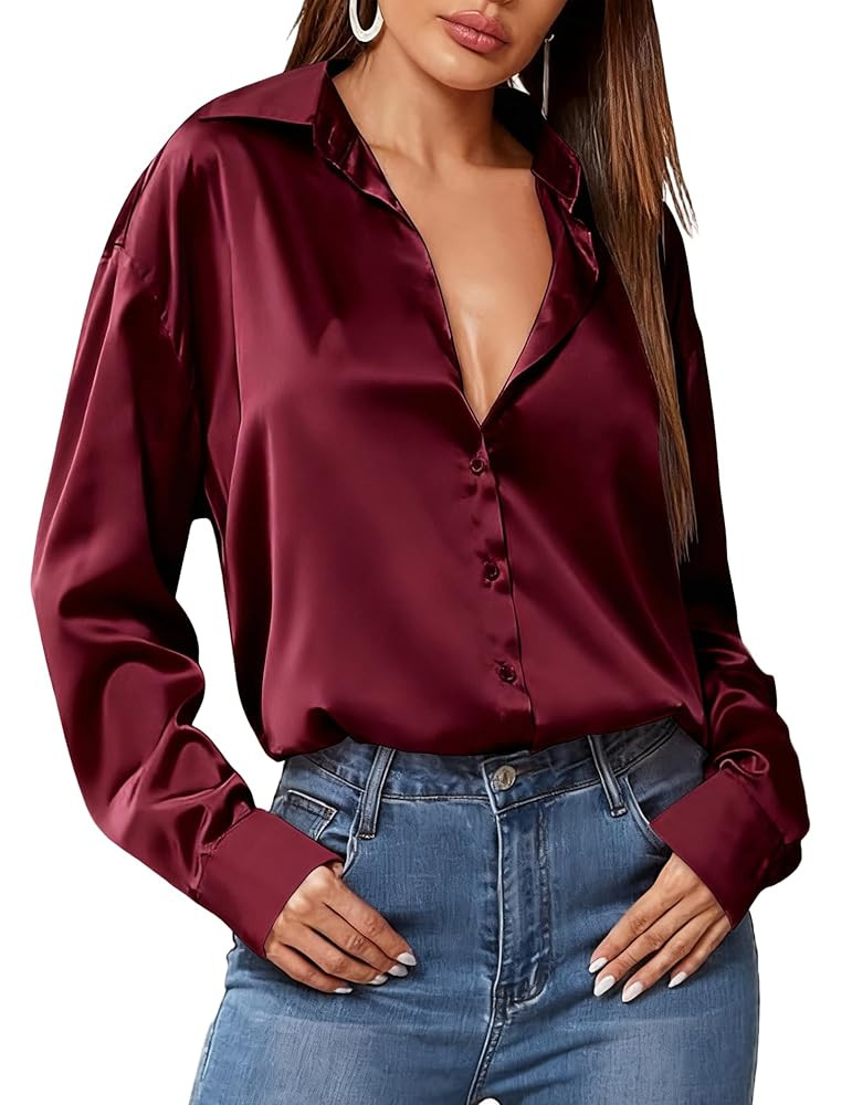 HOTOUCH Women Satin Silk Button Down Shirt Ladies Long Sleeve Tops V Neck Loose Blouse Dressy Bus... | Amazon (US)