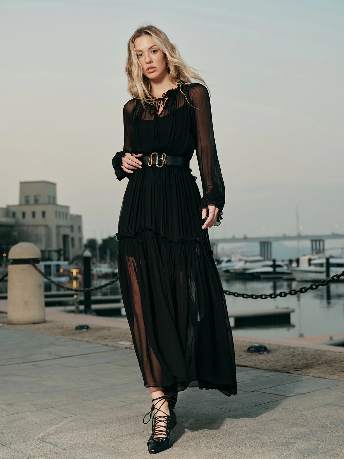 Ruffled Chiffon Semi-Sheer Dress | Commense