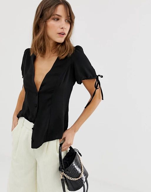 New Look blouse with tie sleeves in black | ASOS US