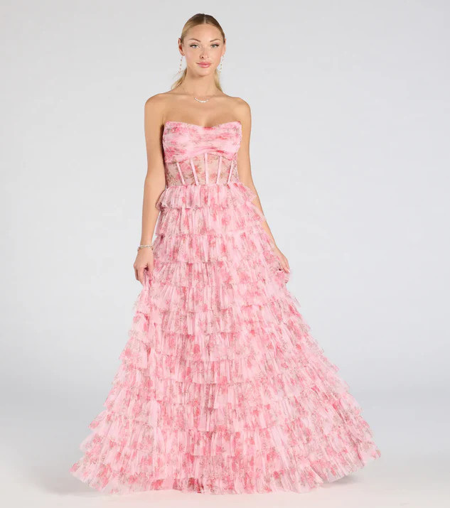 Kira Strapless Floral Tulle A-Line Formal Dress | Windsor Stores