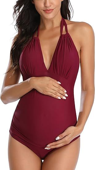 EastElegant Maternity Swimsuits One Piece V-Neck Pregnancy Swimwear Halter Maternity Bikini | Amazon (US)