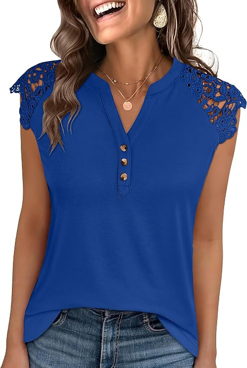 ANRABESS Womens Tops Dressy Casual Lace Cap Sleeve Henley Shirts Summer Sleeveless Button Up Blou... | Amazon (US)