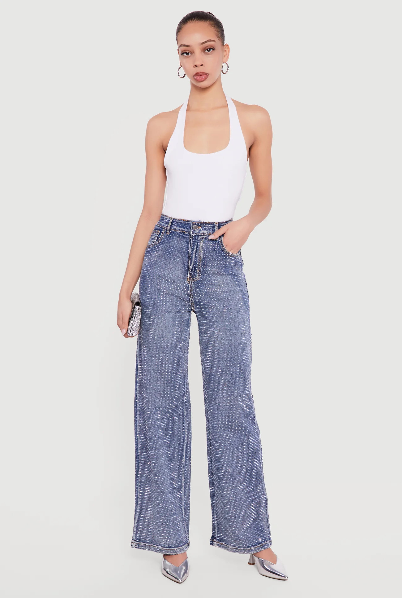 Rhinestone Studded High Waisted Straight Leg Jeans | Rainbow Shops