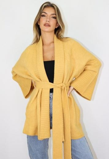 Mustard Belted Long Knitted Cardigan | Missguided (US & CA)