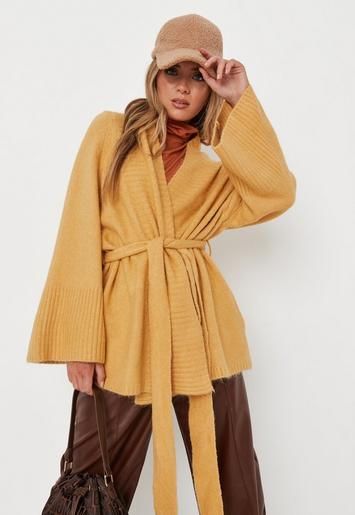 Mustard Belted Long Knitted Cardigan | Missguided (UK & IE)