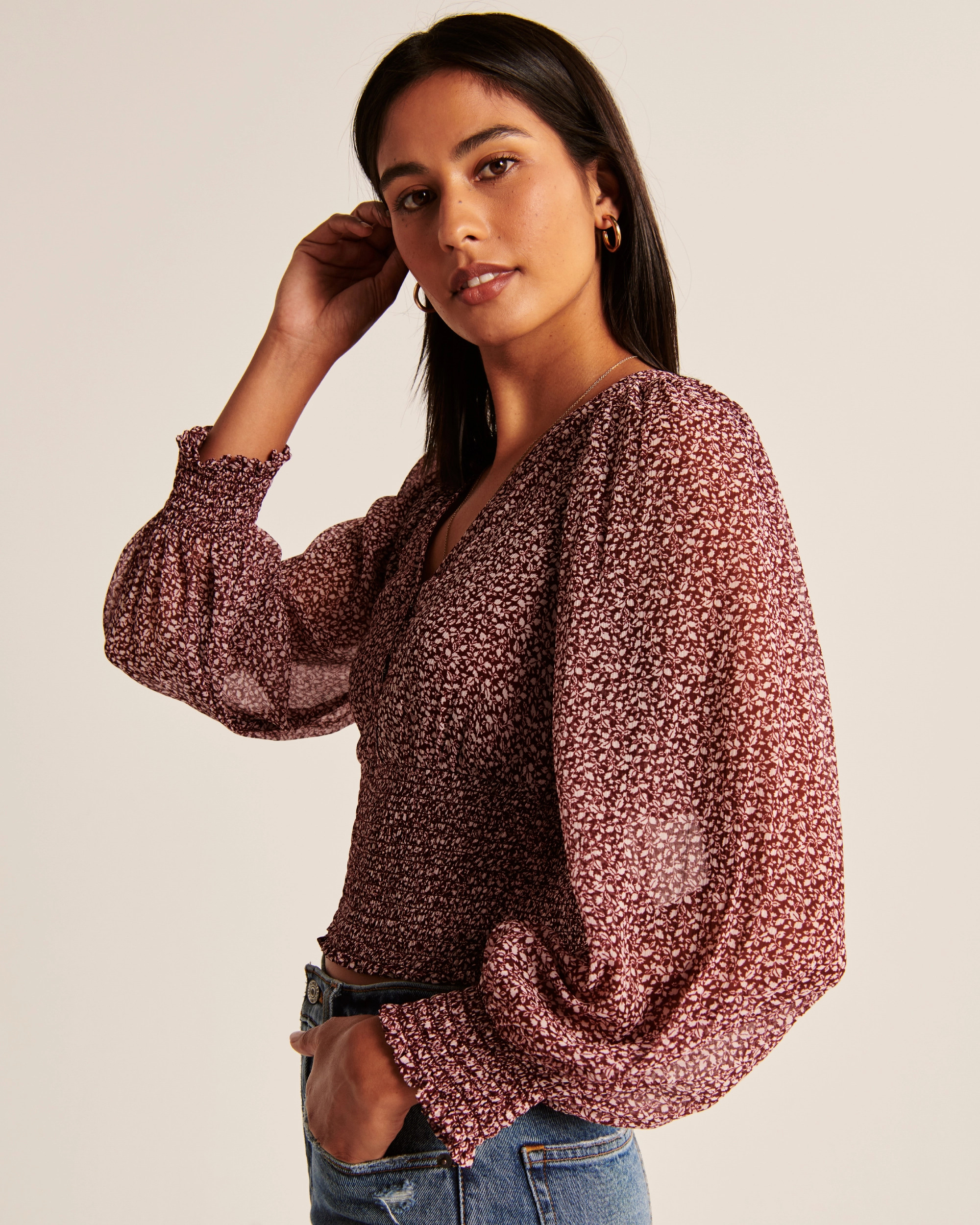 Long-Sleeve Smocked Waist Top | Abercrombie & Fitch (US)