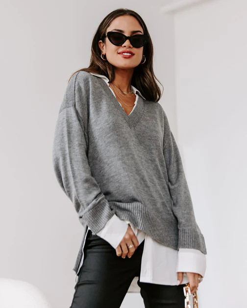 Get Down To Biz Knit Contrast Sweater - Grey | VICI