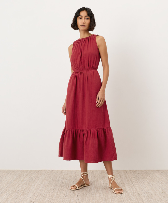 Women\u2019s Coastal Double Gauze Tiered Midi Dress made with Organic Cotton | Pact | Pact Apparel