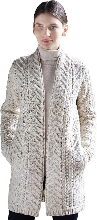 Amazon.com: Aran Crafts Women's Irish Knit Edge to Edge Wool Cardigan Coat (X4693-XS-NAT) Natural... | Amazon (US)