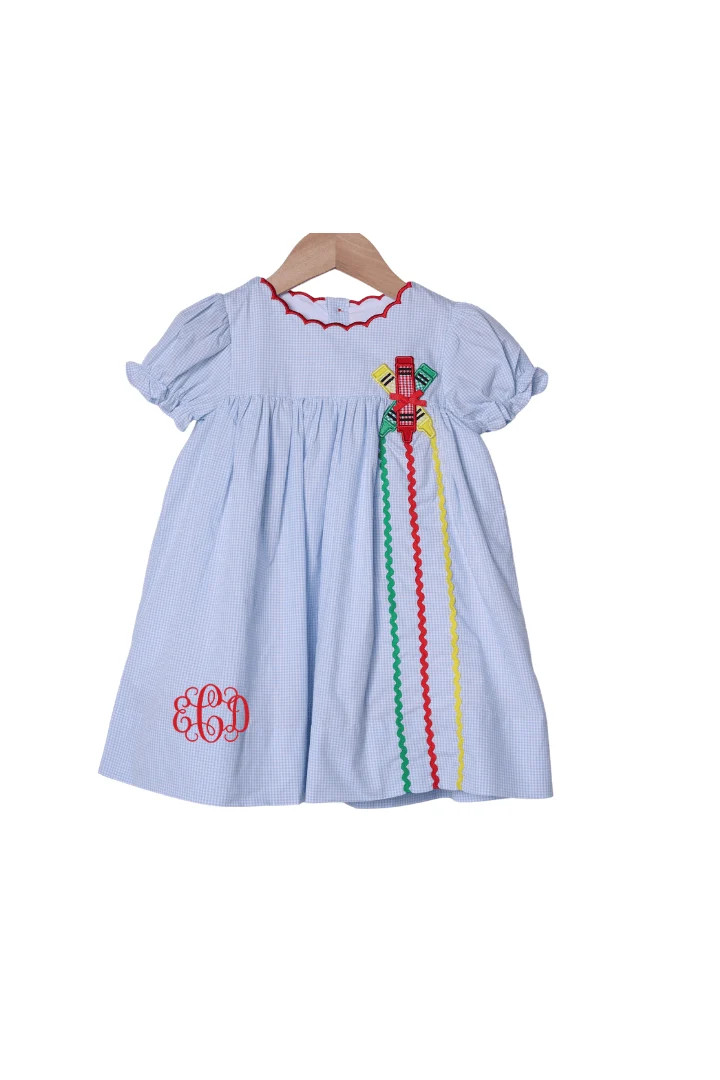 Applique Crayon Blue Gingham Dress | The Smocked Flamingo