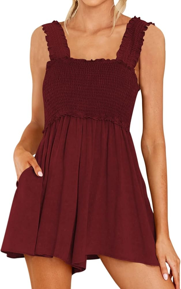 DEEP SELF Women Summer Sleeveless Romper Square Collar Ruffle Straps Flowy Short Jumpsuit with Po... | Amazon (US)