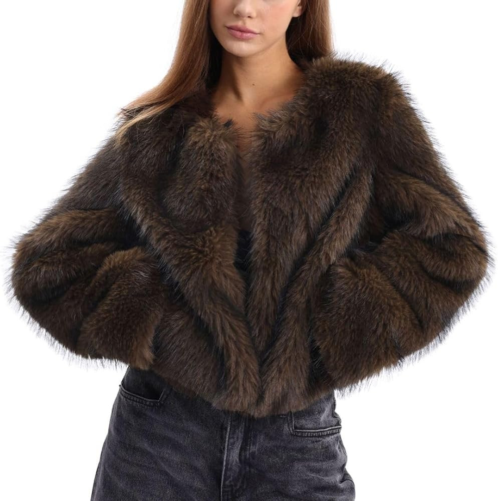 Amazhiyu Women's Faux Fur Long Sleeve Open-front Winter Cropped Coat with Pockets | Amazon (US)