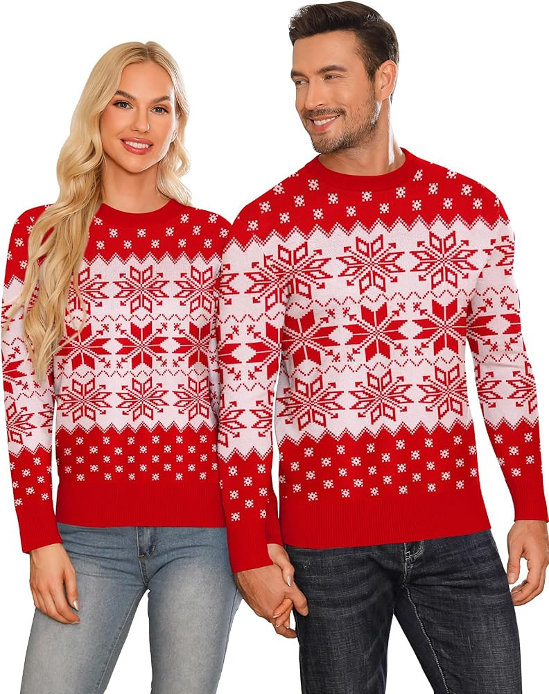 LecGee Couple Matching Christmas Sweaters Snowflake Reindeer Crewneck Knitted Top Long Sleeve Ugl... | Amazon (US)