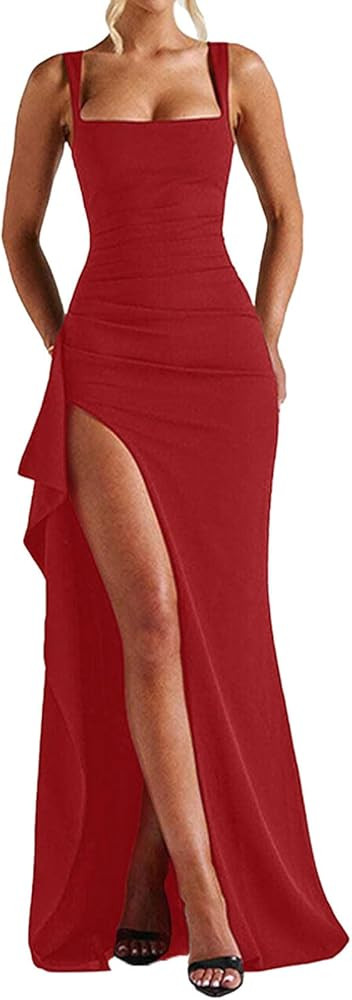 Women Formal Dresses Sleeveless Bodycon Ruched High Slit Sexy Maxi Dress Cocktail Prom | Amazon (US)