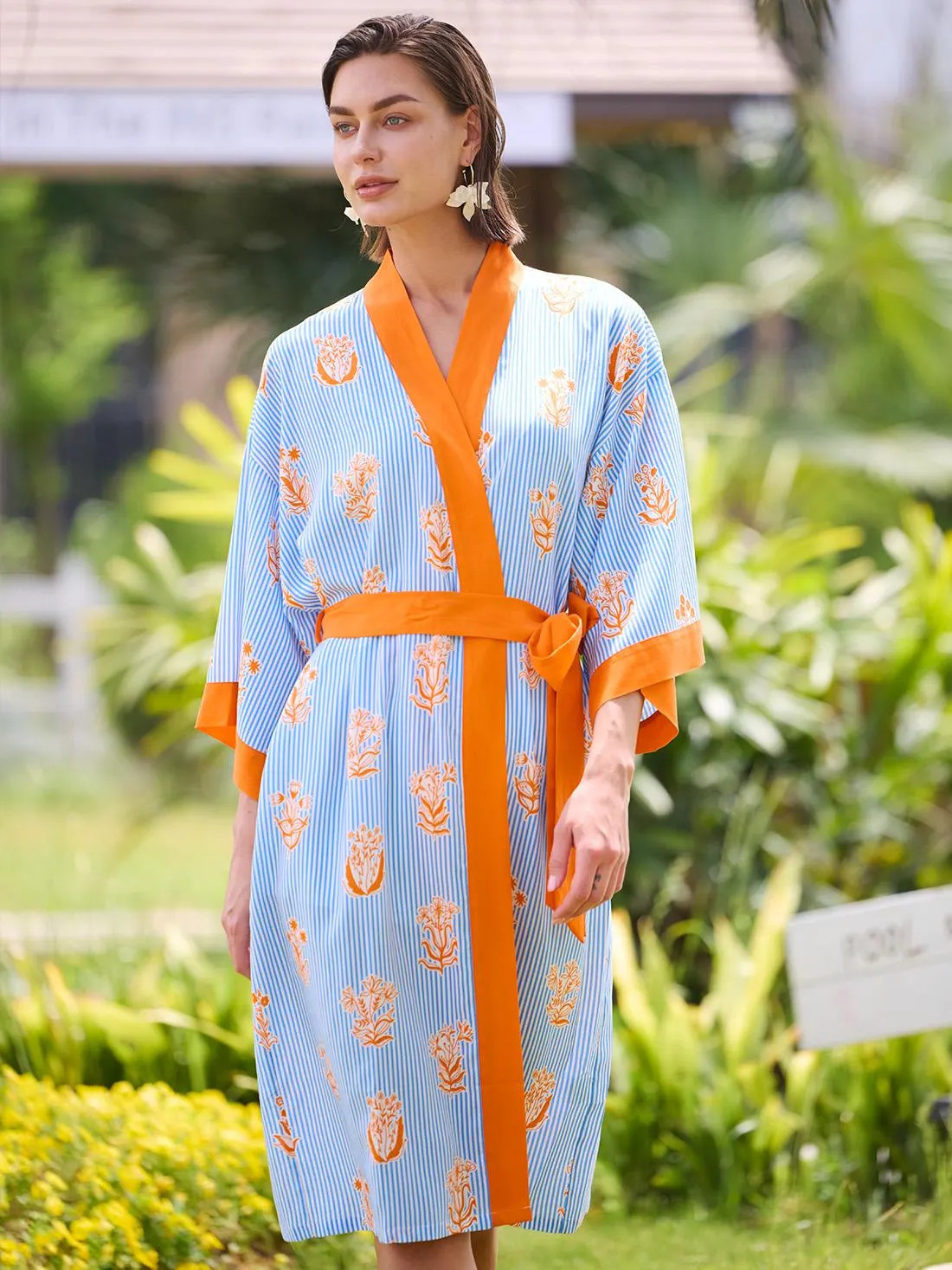 Blue Citrus Stripe Lyocell Kimono Robe, Lightweight Short Dressing Gown, Summer Resort Bathrobe, Vacation Loungewear, Wedding Gift for Her | Etsy (Global)