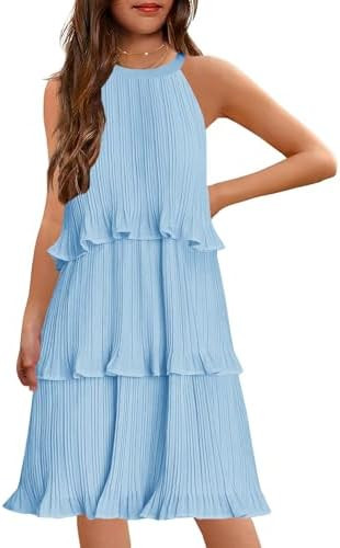 HOSIKA Girls Halter Neck Dresses Summer Sleeveless Ruffle Tiered Layered Chiffon Pleated A Line S... | Amazon (US)