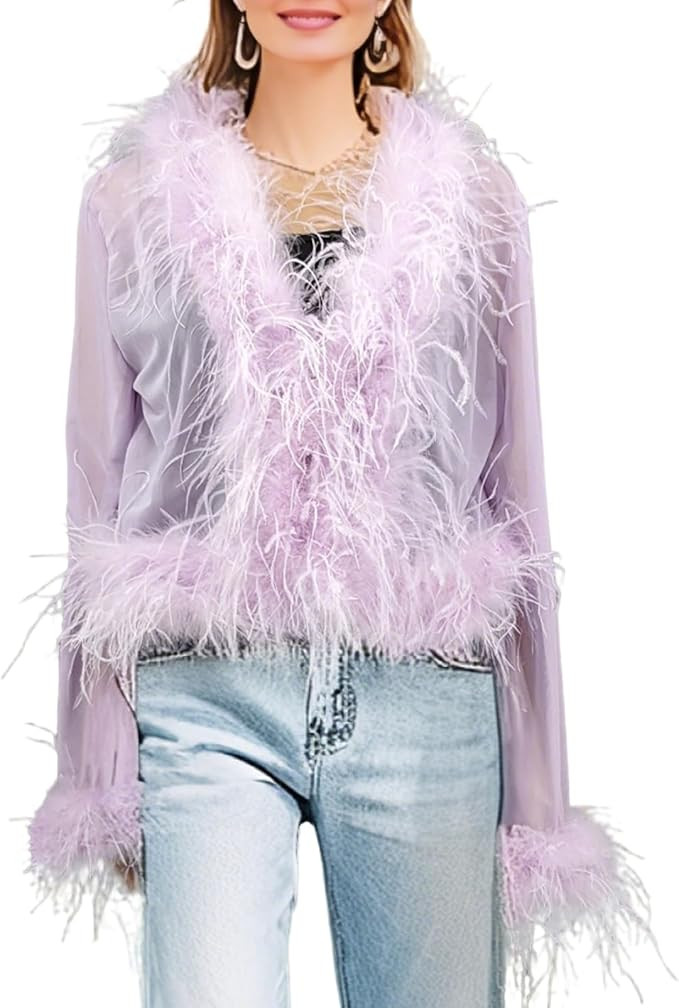 LVCOMEFF Real Ostrich Feather Trim Mesh Crop Top See-Through Black Sheer Shirt Jacket Clubwear Y2... | Amazon (US)