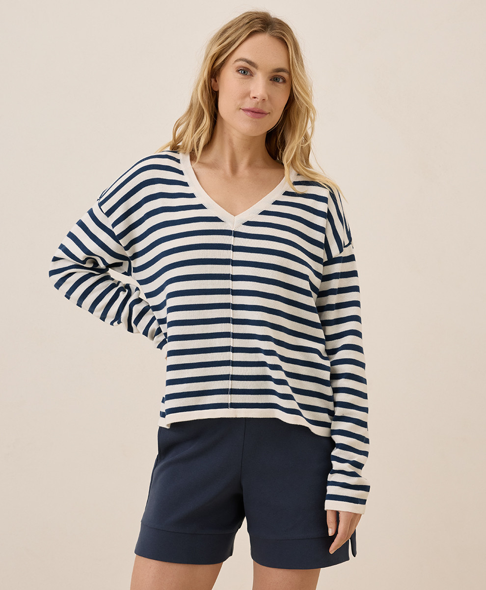 Women's Navy Laguna Stripe Classic Fine Knit Relaxed Sweater S | Pact Apparel