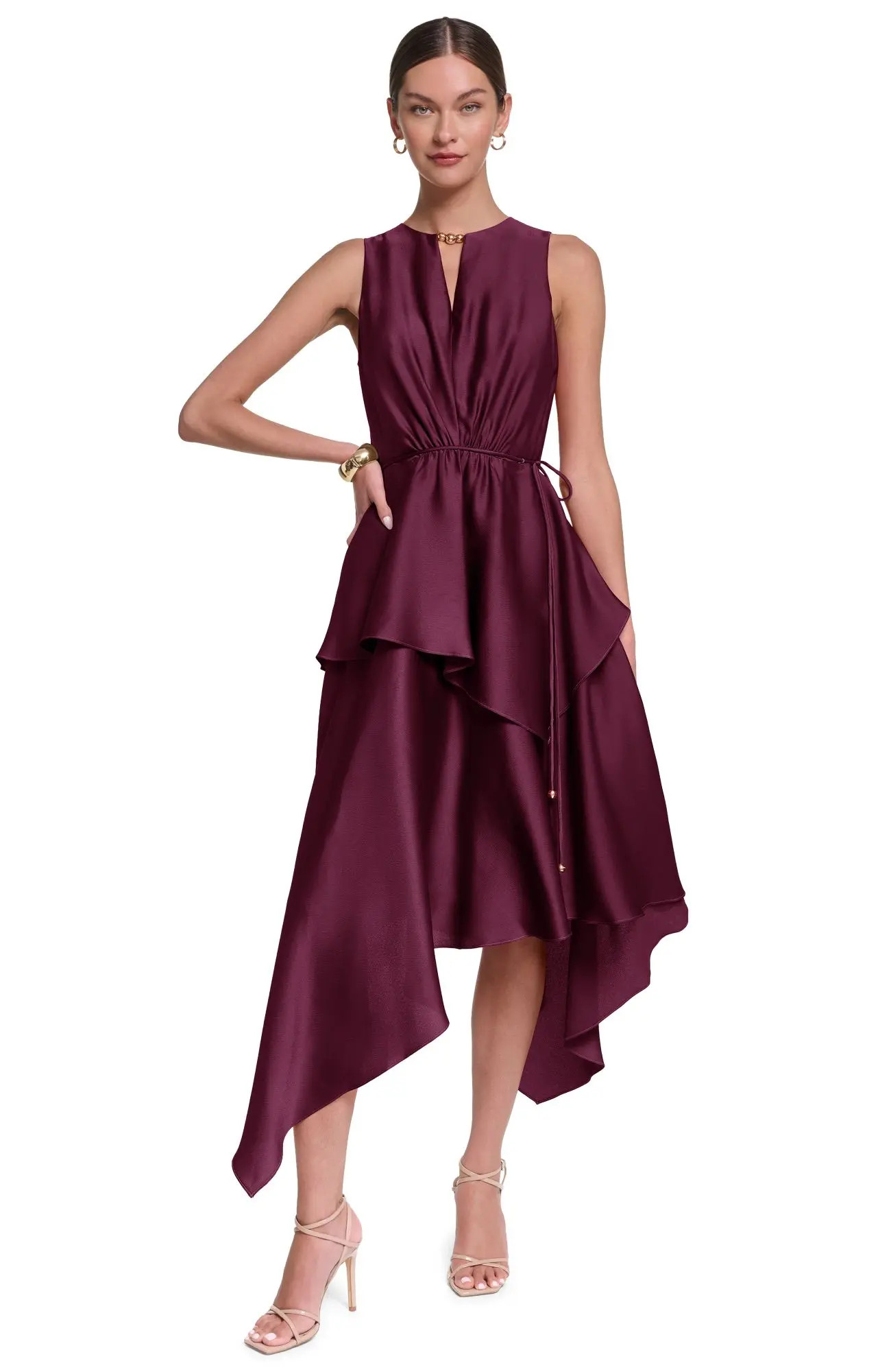 HALSTON Sleeveless Satin Midi Dress with Layered Skirt (Women) | Nordstrom | Nordstrom