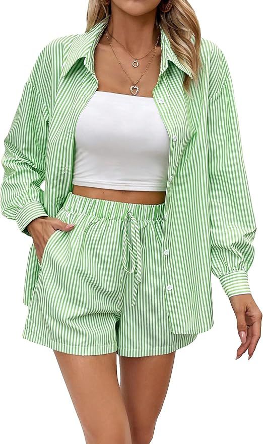 Verdusa Women's 2 Piece Outfit Button Long Sleeve Striped Shirt and Shorts Sets | Amazon (US)