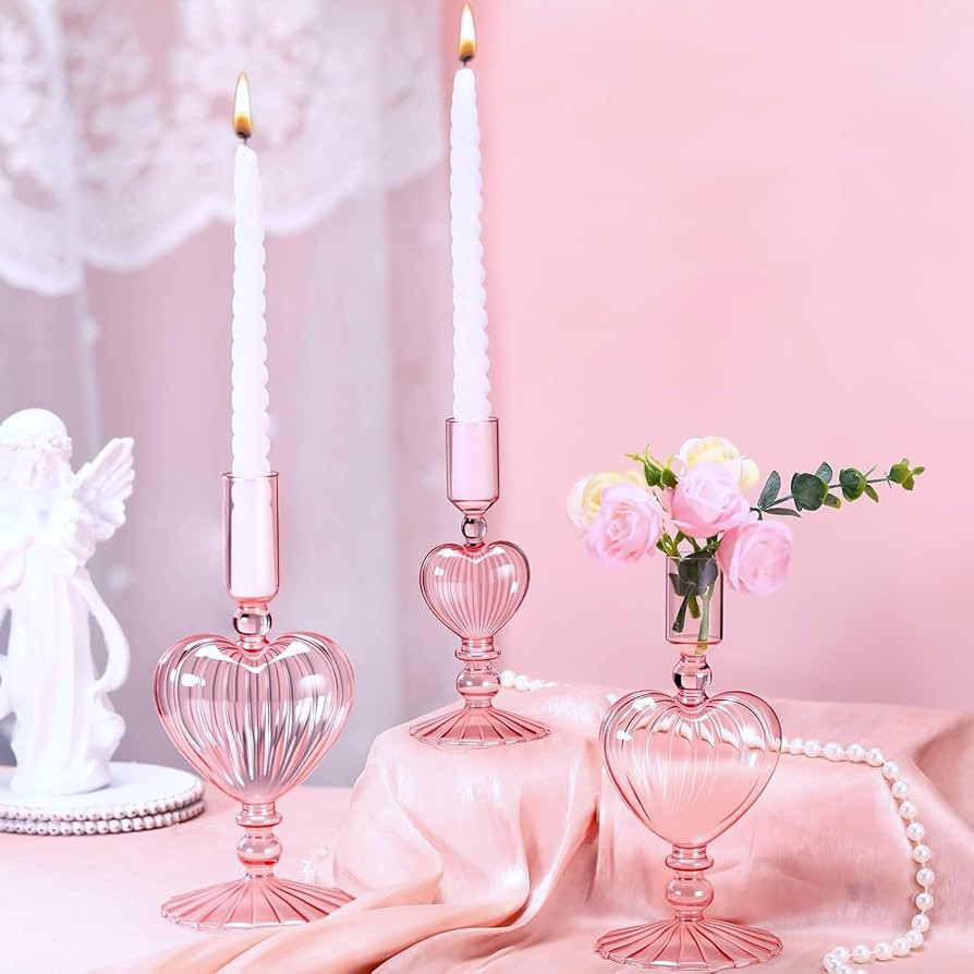 Maxdot 3 Pcs Valentine's Day Pink Glass Candle Holders Pink Heart Glass Taper Candle Holders Hear... | Amazon (US)
