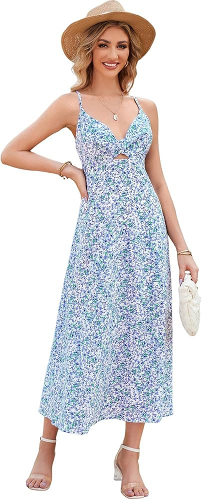 ZAFUL Women's Spaghetti Strap Floral Summer Hollow Twist Front Maxi Dresses Sexy Cutout V Neck Ba... | Amazon (US)