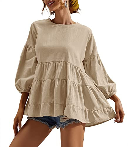 Women's Peplum Tops 3/4 Lantern Sleeve Crewneck Loose Babydoll Shirt Blouse | Amazon (US)