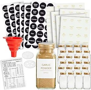Talented Kitchen 24 Pack Glass Spice Jars with Shaker Lids 6oz, 328 Preprinted Labels, Gold Caps | Amazon (US)