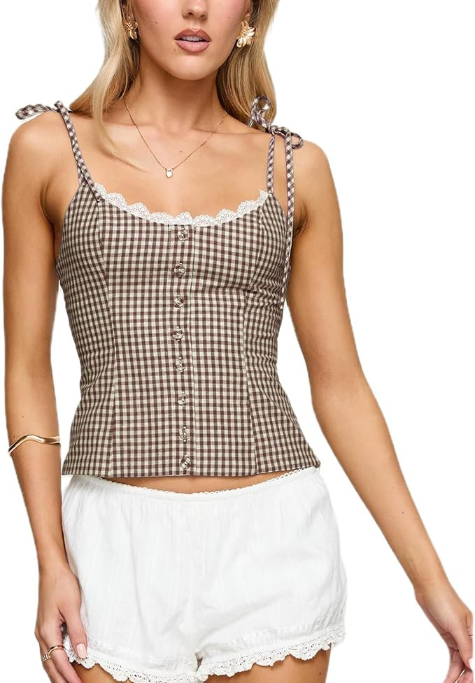 Women Y2K Gingham Plaid Tank Top Lace Trim Sleeveless V Neck Cami Shirt Button Up Tie Shoulder Sl... | Amazon (US)