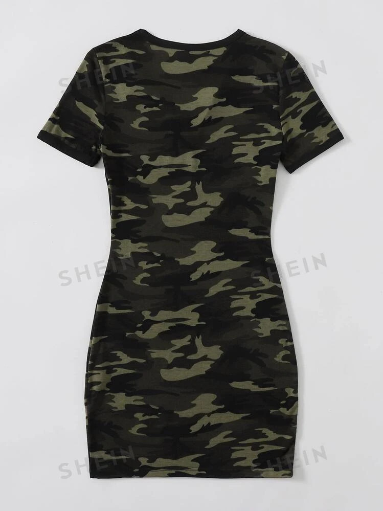 SHEIN Unity Vestido de camuflaje de cuello V | SHEIN