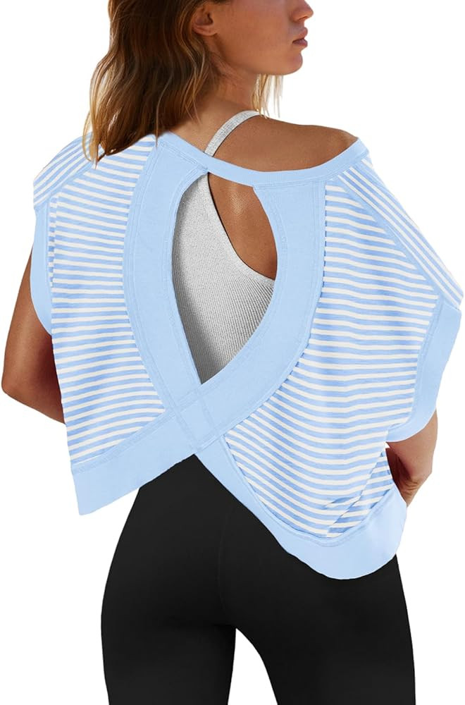 SENSERISE Womens Open Back Workout Tops Backless Short Sleeve Athletic Shirt Running Crop Top Gym... | Amazon (US)