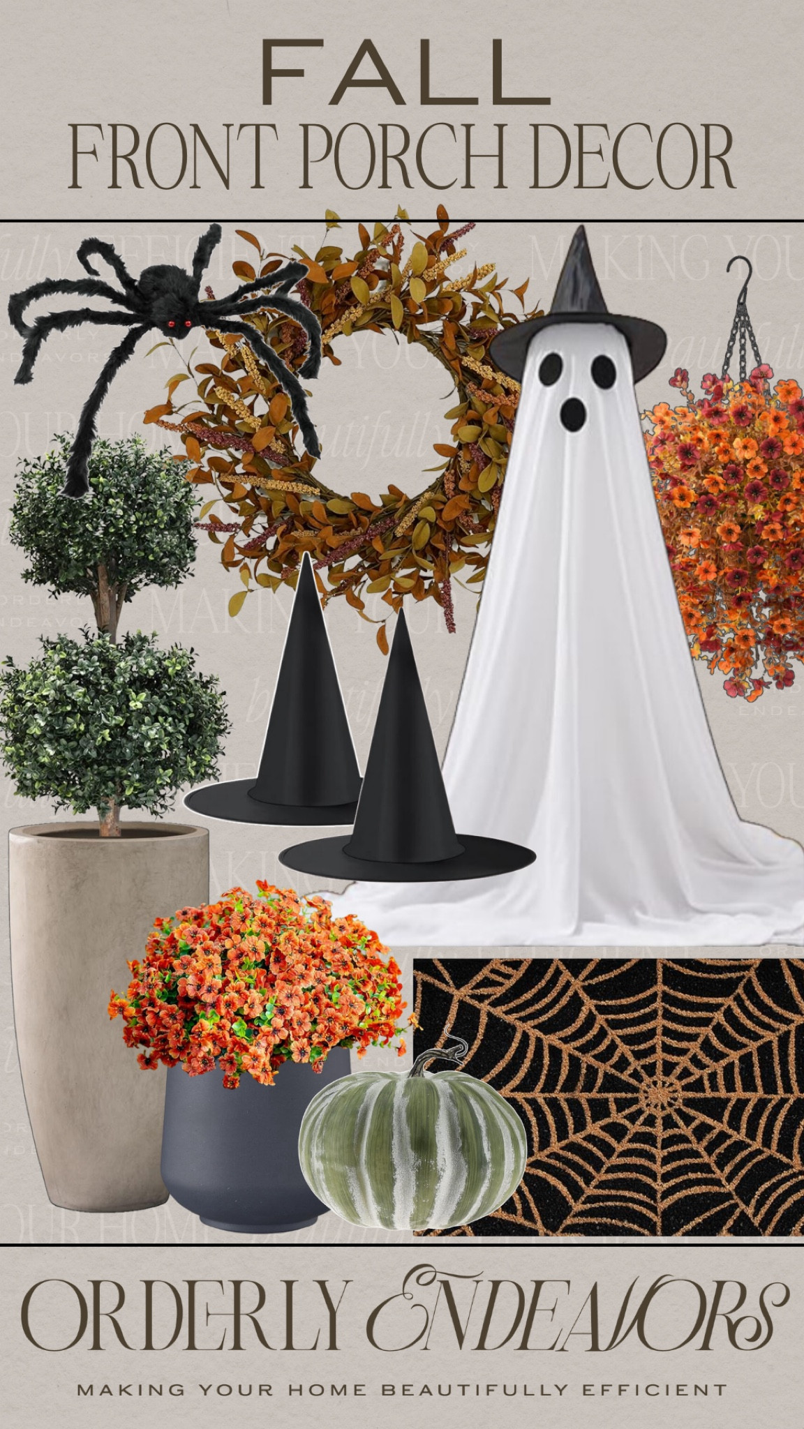 Fall porch decor includes ghost, hanging witch hats, outdoor planters, doormat, outdoor faux pumpkin, faux mums, faux plant, wreath, faux hanging basket, spider decor.

Home decor, Halloween decor, fall decor, outdoor decor 

#LTKHalloween #LTKHome #LTKStyleTip