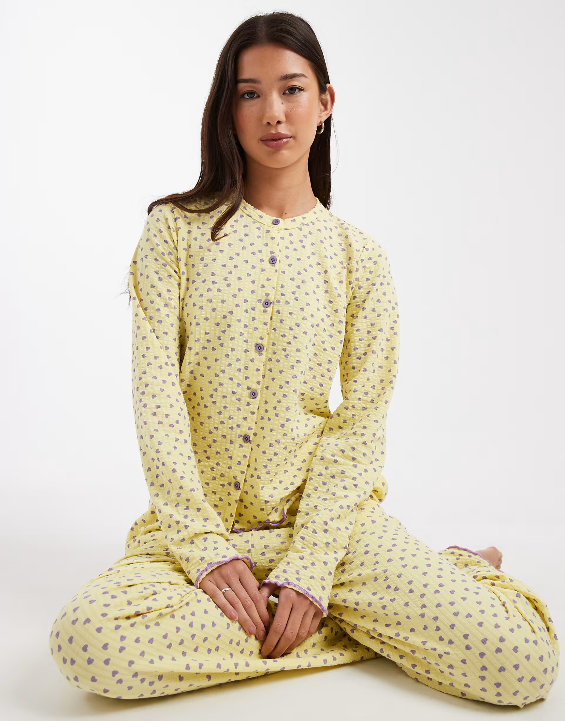 Threadbare cotton mix button down pyjama set with hearts print in yellow and lilac | ASOS (Global)