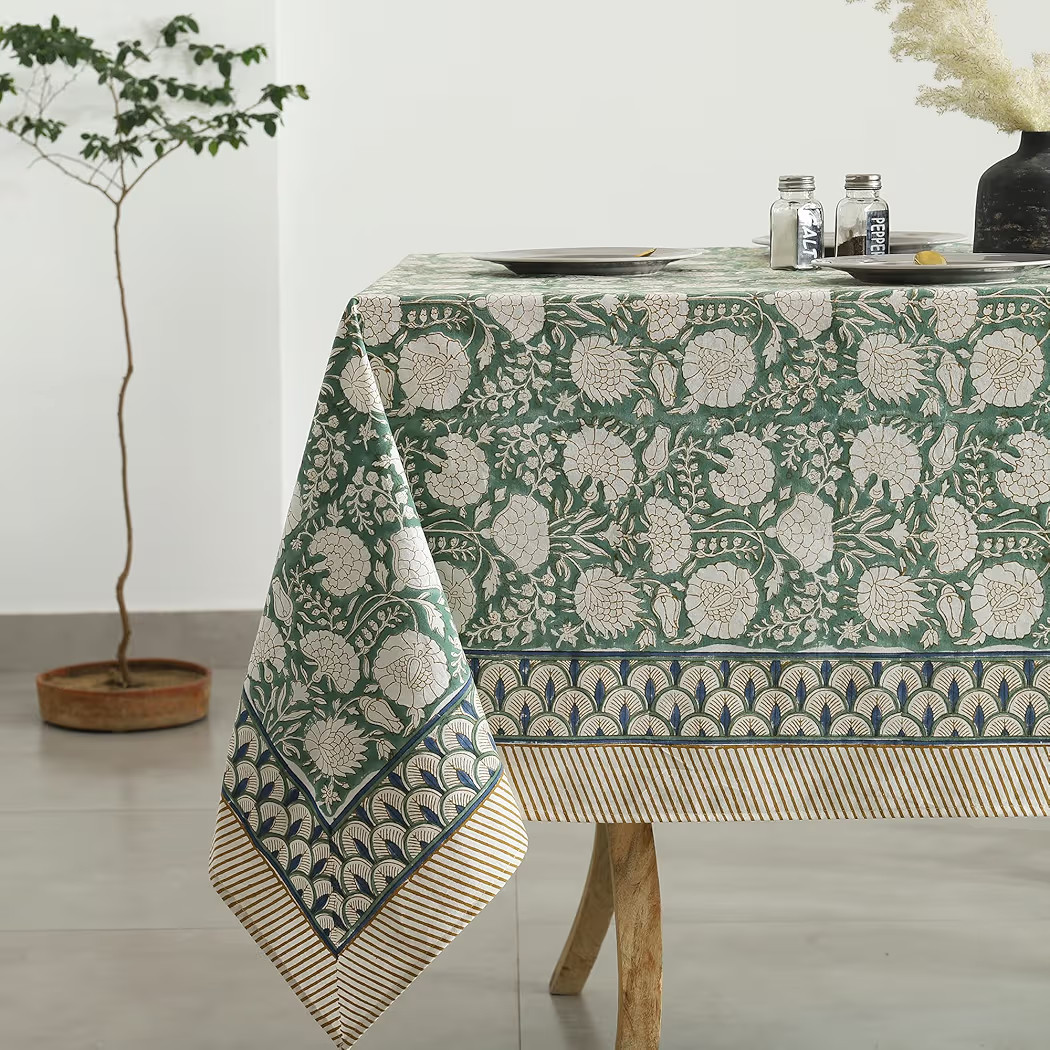 Labhanshi Indian Handblock Print Pre-Washed Cotton Floral Table Cloth|Reusable Rectangle 72x108 Inch 8-Seater Dining Tablecloth|Spring Easter St.Patrick Festive Decorative Table Cover|Moss Green | Amazon (US)