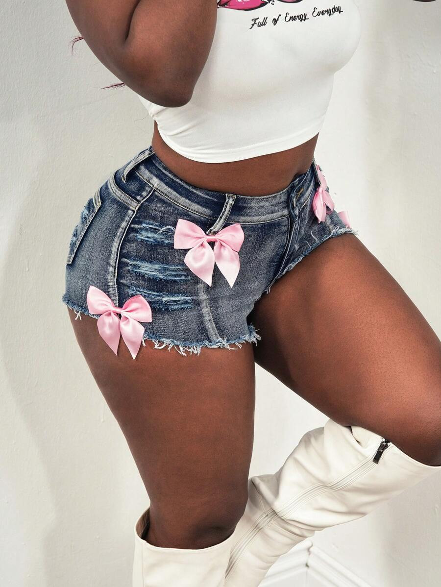Slaydiva Women's Denim Shorts Sexy Tight Low Waist Bowknot Blue Denim Shorts Shorts Shorts For Wo... | SHEIN