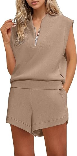 Women Two Piece Outfits Half Zip Sweatshirt Shorts Set Cap Sleeve Sweatshirt High Drawstring Wais... | Amazon (US)
